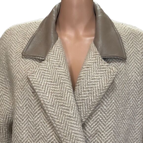 London Fog Tempo Europa Vintage Pure Wool Leather Collar Trench Coat Size 12 - Picture 5 of 15